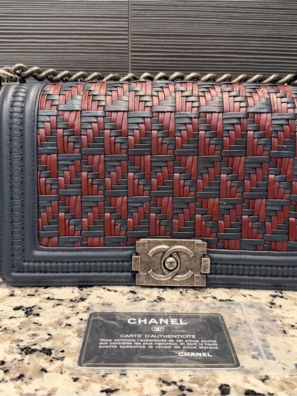 CHANEL Woven Two-Tone Leather Shoulder Bag - Navy Blue & Burgundy